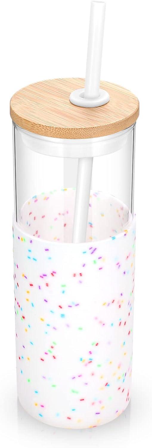 imageTronco 16 oz Glass Tumbler with Straw and Bamboo Lid Iced Coffee Cup Reusable Smoothie Cups Tumbler with Silicone Protective Sleeve  BPA FreeColored spots