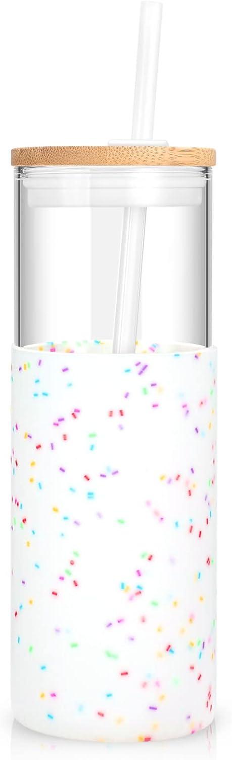 imageTronco 16 oz Glass Tumbler with Straw and Bamboo Lid Iced Coffee Cup Reusable Smoothie Cups Tumbler with Silicone Protective Sleeve  BPA FreeColored spots