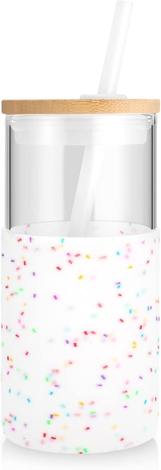 imageTronco 16 oz Glass Tumbler with Straw and Bamboo Lid Iced Coffee Cup Reusable Smoothie Cups Tumbler with Silicone Protective Sleeve  BPA FreeColored spots