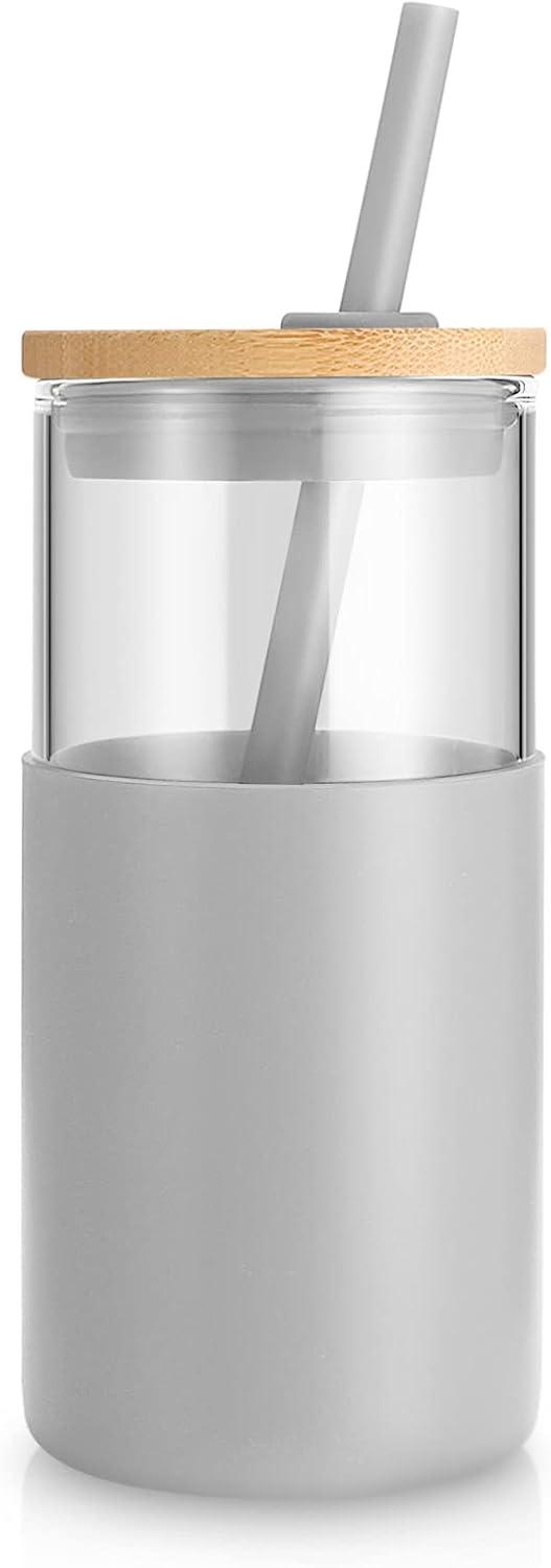 imageTronco 16 oz Glass Tumbler with Straw and Bamboo Lid Iced Coffee Cup Reusable Smoothie Cups Tumbler with Silicone Protective Sleeve  BPA FreeFrench Grey
