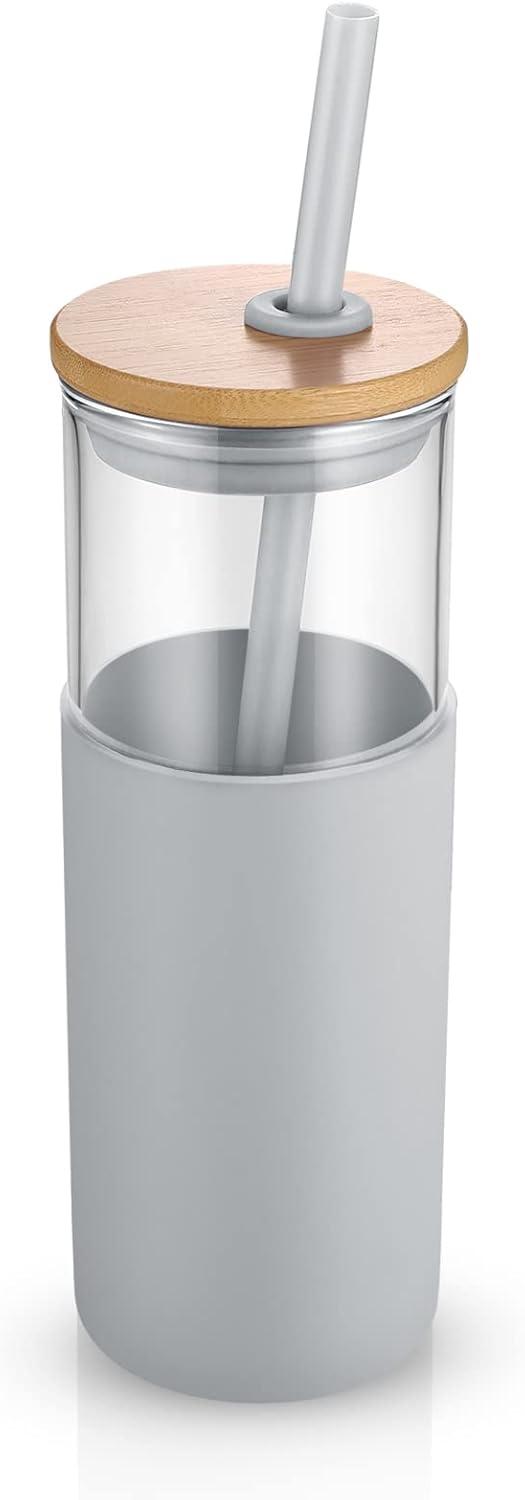 imageTronco 16 oz Glass Tumbler with Straw and Bamboo Lid Iced Coffee Cup Reusable Smoothie Cups Tumbler with Silicone Protective Sleeve  BPA FreeFrench Grey