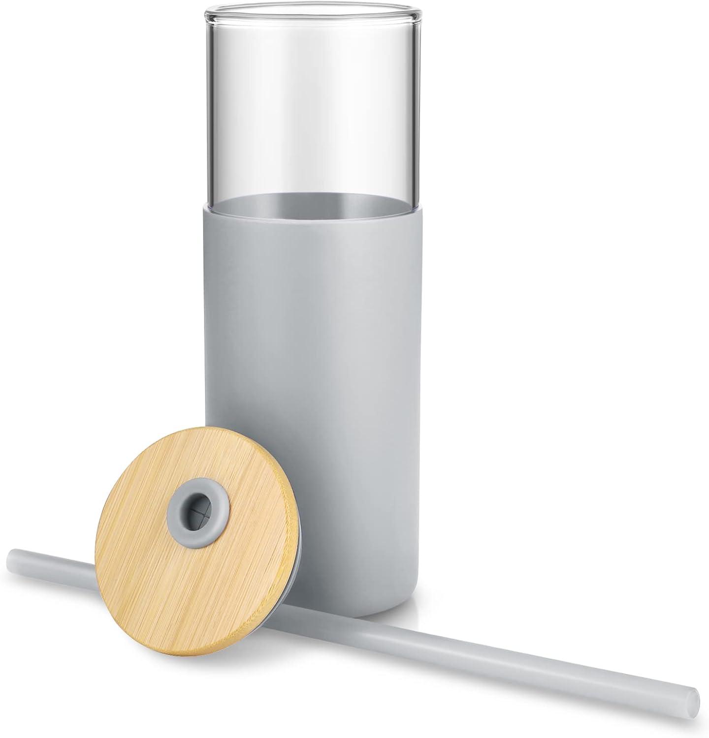 imageTronco 16 oz Glass Tumbler with Straw and Bamboo Lid Iced Coffee Cup Reusable Smoothie Cups Tumbler with Silicone Protective Sleeve  BPA FreeFrench Grey