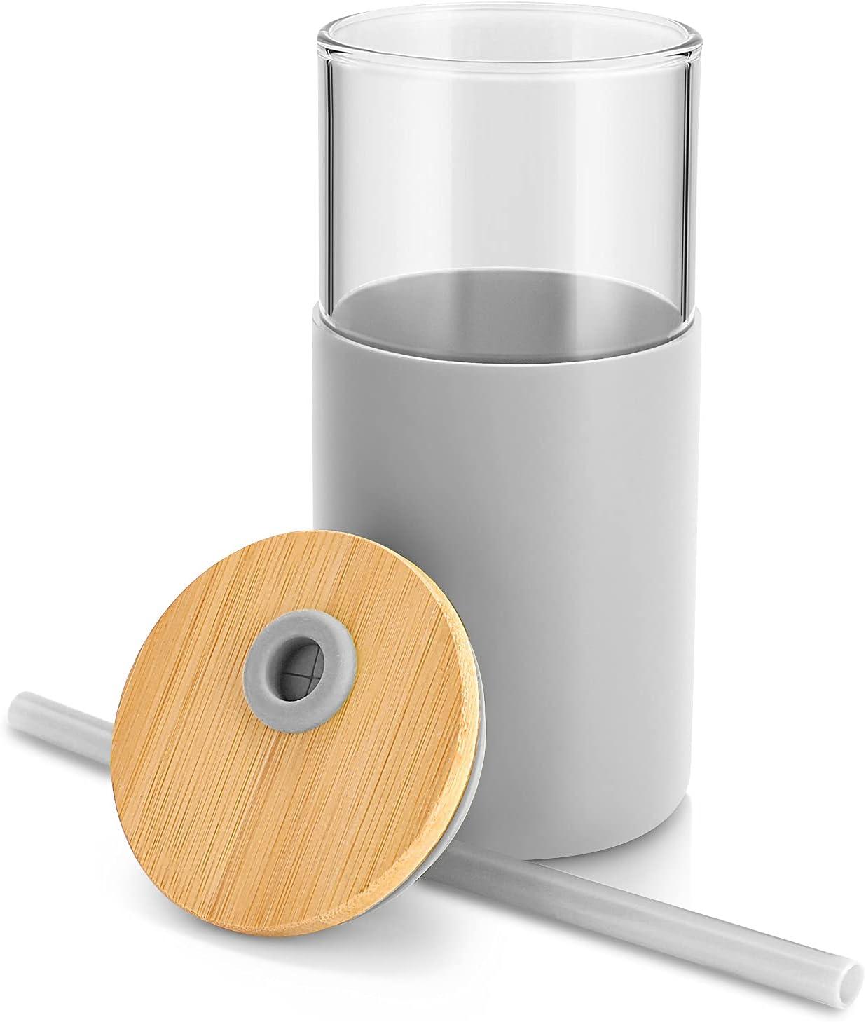 imageTronco 16 oz Glass Tumbler with Straw and Bamboo Lid Iced Coffee Cup Reusable Smoothie Cups Tumbler with Silicone Protective Sleeve  BPA FreeFrench Grey