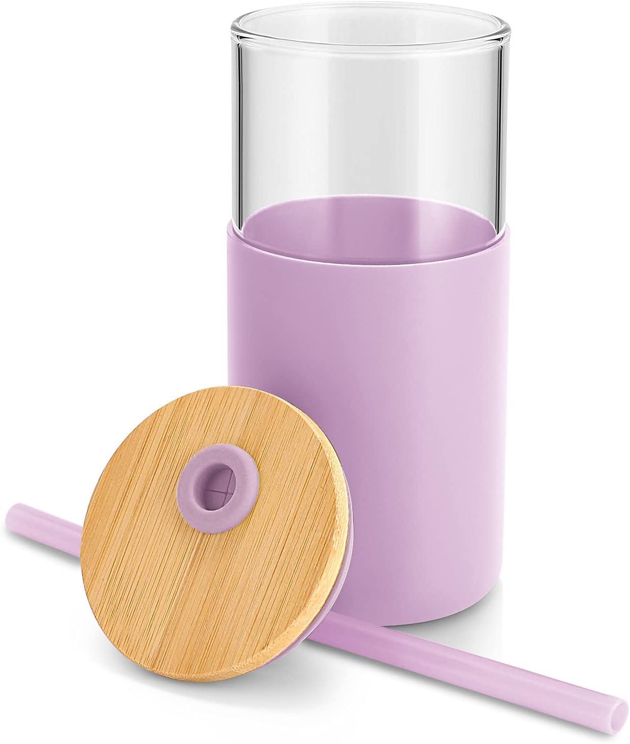 imageTronco 16 oz Glass Tumbler with Straw and Bamboo Lid Iced Coffee Cup Reusable Smoothie Cups Tumbler with Silicone Protective Sleeve  BPA FreeLight Purple