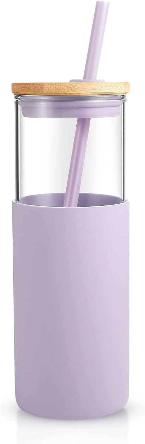 imageTronco 16 oz Glass Tumbler with Straw and Bamboo Lid Iced Coffee Cup Reusable Smoothie Cups Tumbler with Silicone Protective Sleeve  BPA FreeLight Purple