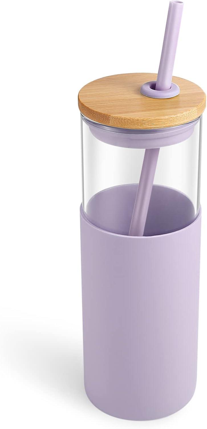 imageTronco 16 oz Glass Tumbler with Straw and Bamboo Lid Iced Coffee Cup Reusable Smoothie Cups Tumbler with Silicone Protective Sleeve  BPA FreeLight Purple