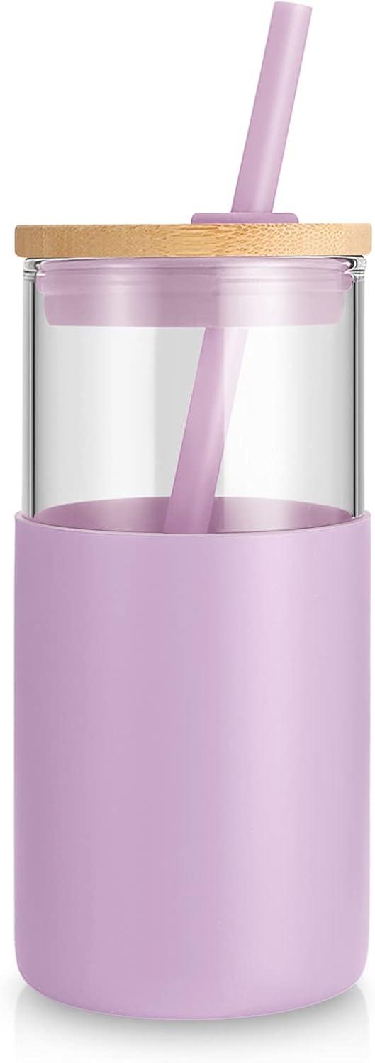 imageTronco 16 oz Glass Tumbler with Straw and Bamboo Lid Iced Coffee Cup Reusable Smoothie Cups Tumbler with Silicone Protective Sleeve  BPA FreeLight Purple