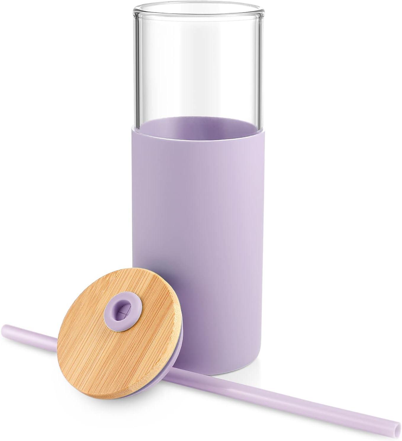 imageTronco 16 oz Glass Tumbler with Straw and Bamboo Lid Iced Coffee Cup Reusable Smoothie Cups Tumbler with Silicone Protective Sleeve  BPA FreeLight Purple