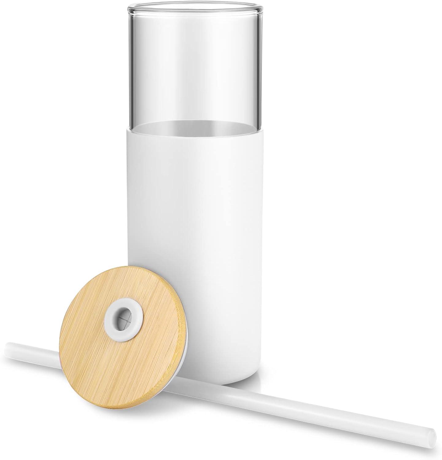imageTronco 16 oz Glass Tumbler with Straw and Bamboo Lid Iced Coffee Cup Reusable Smoothie Cups Tumbler with Silicone Protective Sleeve  BPA FreeWhite