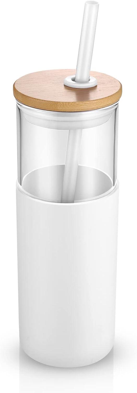 imageTronco 16 oz Glass Tumbler with Straw and Bamboo Lid Iced Coffee Cup Reusable Smoothie Cups Tumbler with Silicone Protective Sleeve  BPA FreeWhite