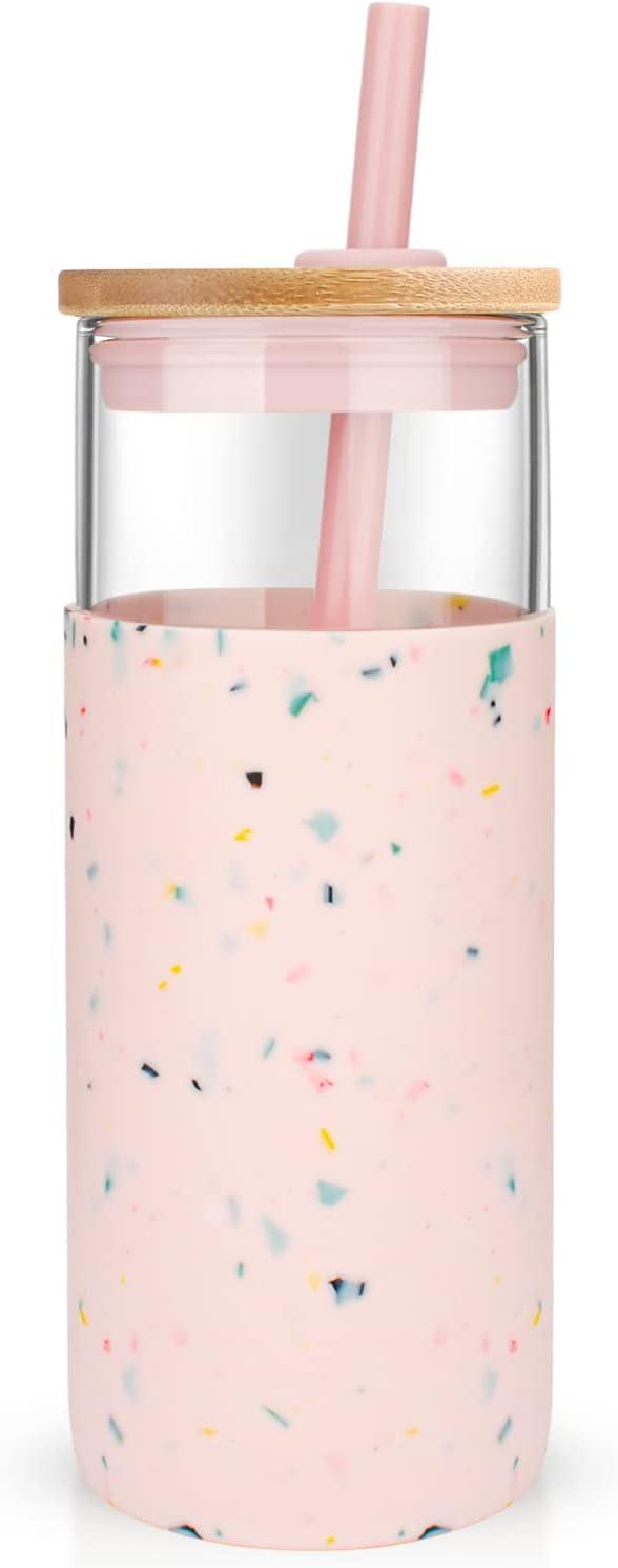 imageTronco 20 oz Glass Tumbler with Lid and Straw Iced Coffee Cup and Smoothie Cup with Bamboo Lids ampamp Protective Silicone Sleeve Dishwasher Safe BPAFree Glass Cup 2 PackTerrazzo Blush