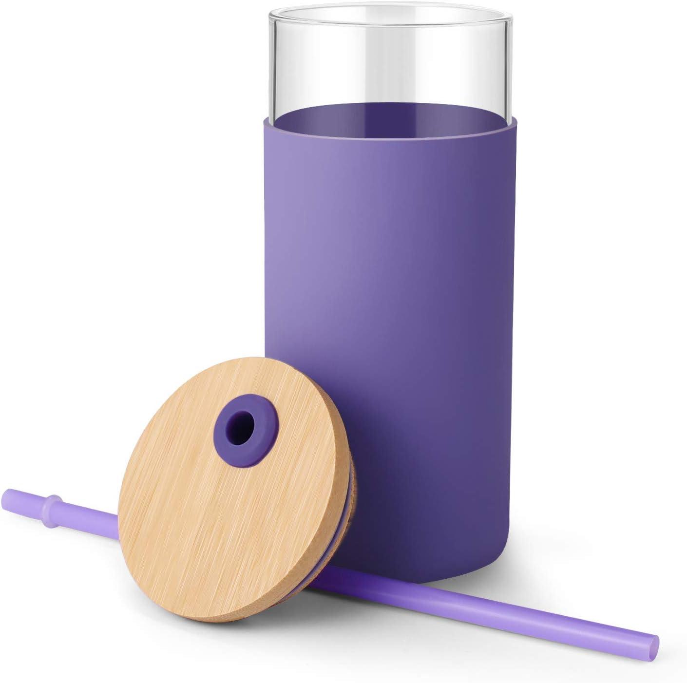 imageTronco 20 oz Glass Tumbler with Lid and Straw Iced Coffee Cup and Smoothie Cup with Bamboo Lids ampamp Protective Silicone Sleeve Dishwasher Safe BPAFree Glass Cup 2 PackLilac