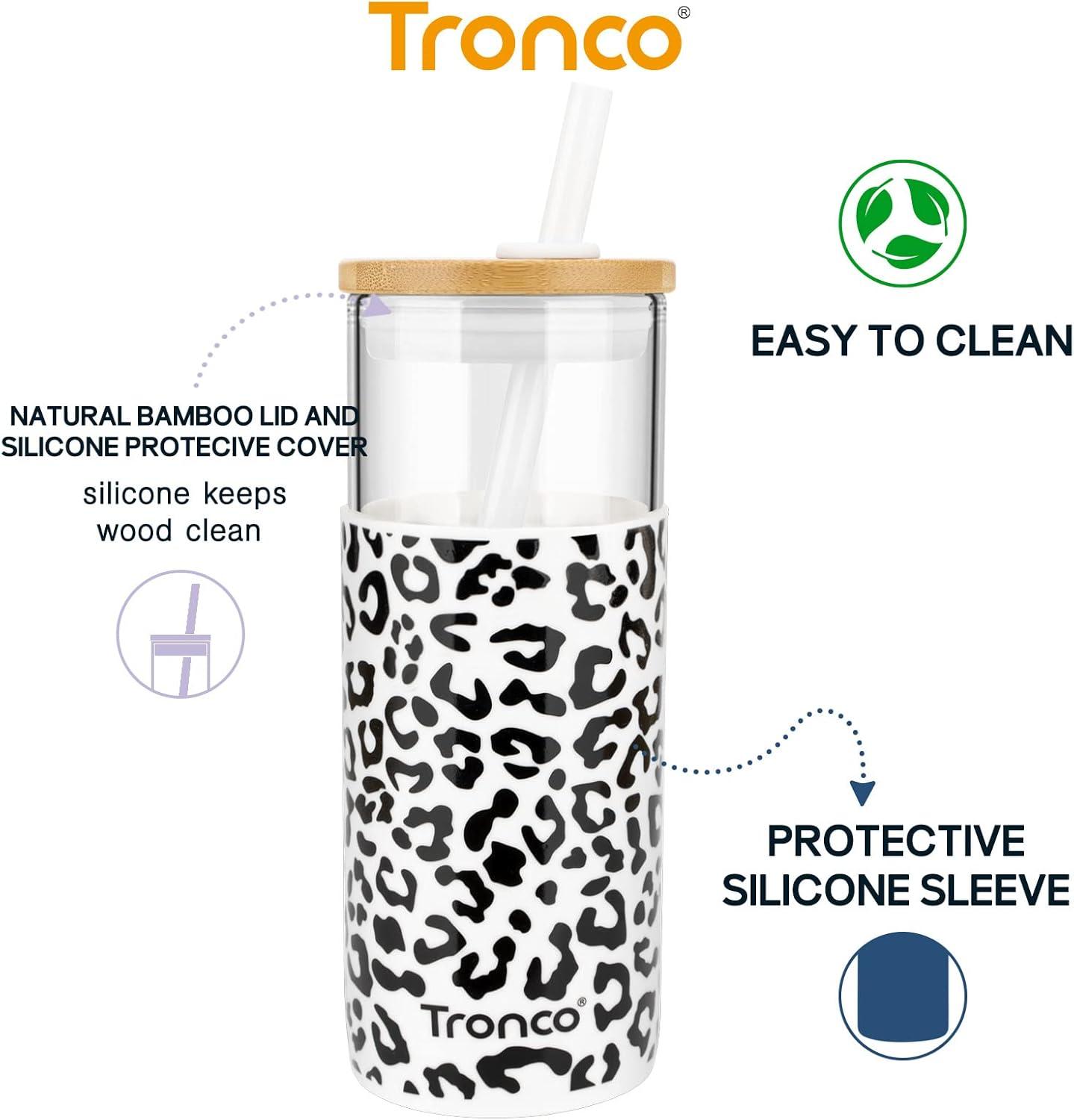imageTronco 20 oz Glass Tumbler with Lid and Straw Iced Coffee Cup and Smoothie Cup with Bamboo Lids ampamp Protective Silicone Sleeve Dishwasher Safe BPAFree Glass Cup 2 PackAmber leopard