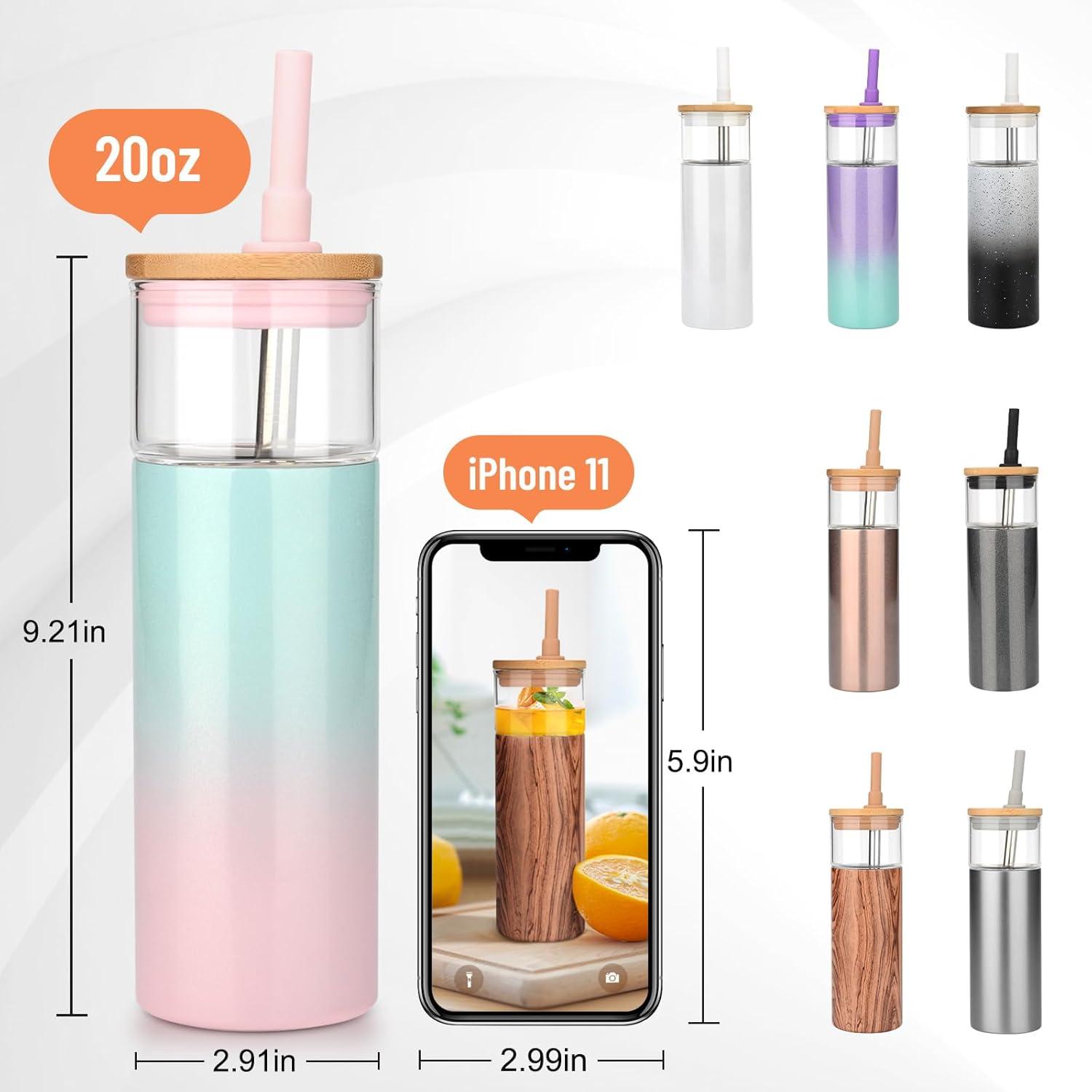imageTronco 20 oz Insulated Tumbler with Lid Stainless Steel Borosilicate Glass Reusable Iced Coffee Cup for TravelWood Amber