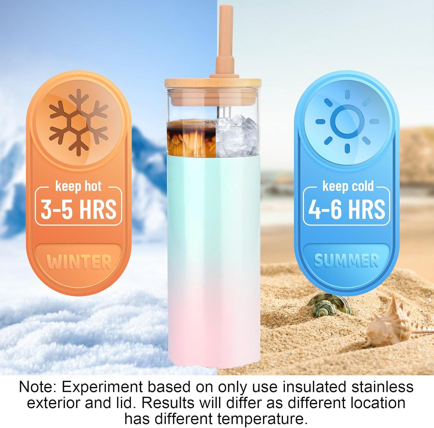imageTronco 20 oz Vacuum Insulated Glass Tumbler with Lid and Straw  Keeps Drinks Cold for 12 Hrs  Reusable Glass Cup for Iced Coffee Smoothies ampamp Boba  Sweat ampamp BPA Free Dishwasher Safe Fit Car HolderPurple Green