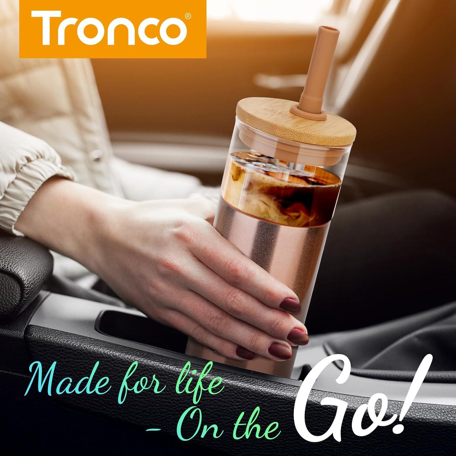 imageTronco 20 oz Vacuum Insulated Glass Tumbler with Lid and Straw  Keeps Drinks Cold for 12 Hrs  Reusable Glass Cup for Iced Coffee Smoothies ampamp Boba  Sweat ampamp BPA Free Dishwasher Safe Fit Car HolderFrench Grey