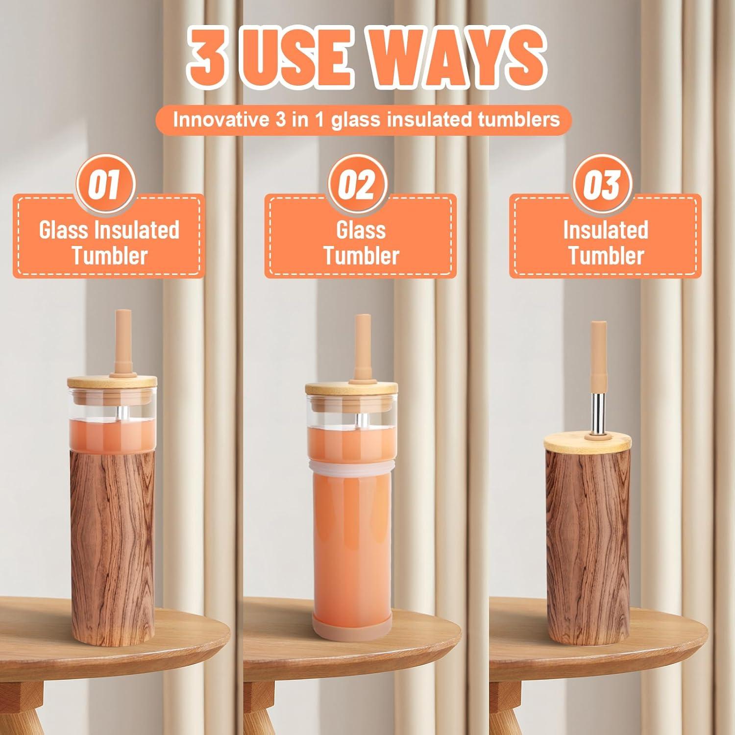 imageTronco 20 oz Vacuum Insulated Glass Tumbler with Lid and Straw  Keeps Drinks Cold for 12 Hrs  Reusable Glass Cup for Iced Coffee Smoothies ampamp Boba  Sweat ampamp BPA Free Dishwasher Safe Fit Car HolderWood Amber