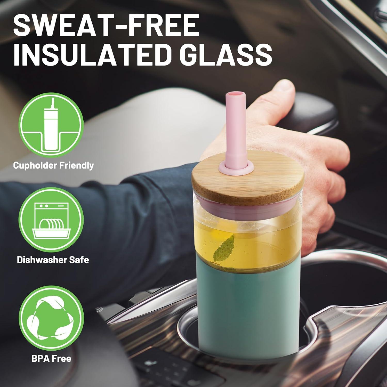 imageTronco 20 oz Vacuum Insulated Glass Tumbler with Lid and Straw  Keeps Drinks Cold for 12 Hrs  Reusable Glass Cup for Iced Coffee Smoothies ampamp Boba  Sweat ampamp BPA Free Dishwasher Safe Fit Car HolderFrench Grey