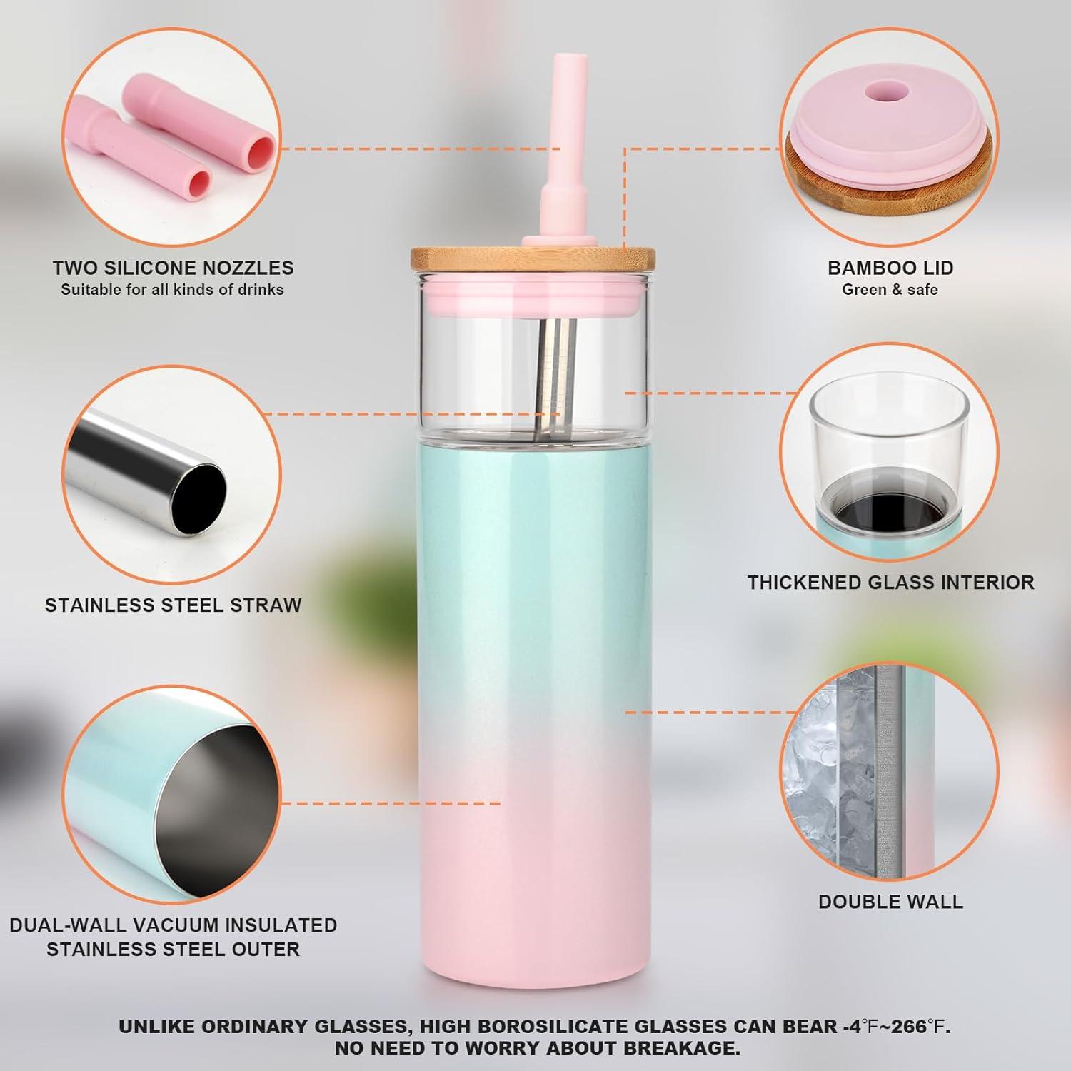 imageTronco 20 oz Vacuum Insulated Glass Tumbler with Lid and Straw  Keeps Drinks Cold for 12 Hrs  Reusable Glass Cup for Iced Coffee Smoothies ampamp Boba  Sweat ampamp BPA Free Dishwasher Safe Fit Car HolderPurple Green