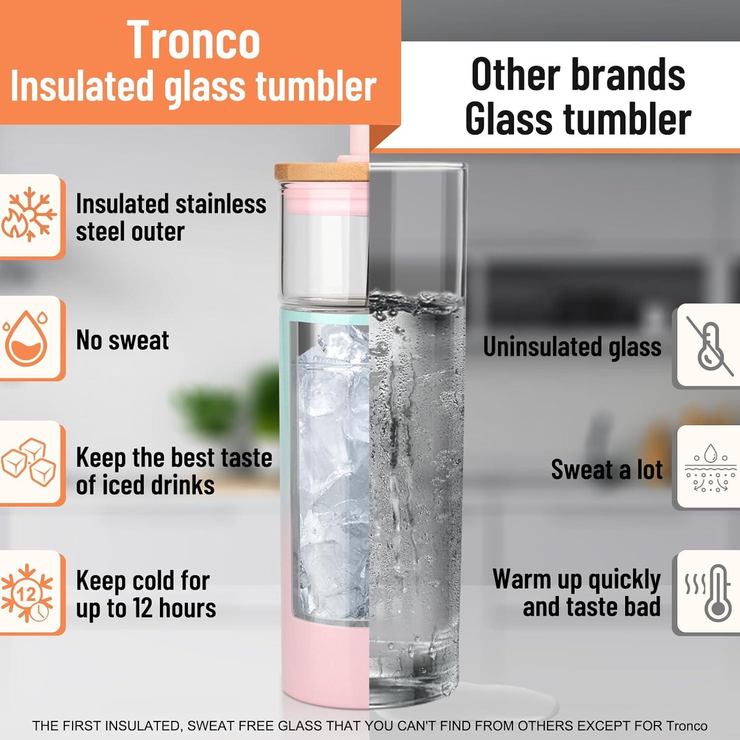 imageTronco 20 oz Vacuum Insulated Glass Tumbler with Lid and Straw  Keeps Drinks Cold for 12 Hrs  Reusable Glass Cup for Iced Coffee Smoothies ampamp Boba  Sweat ampamp BPA Free Dishwasher Safe Fit Car HolderAmber