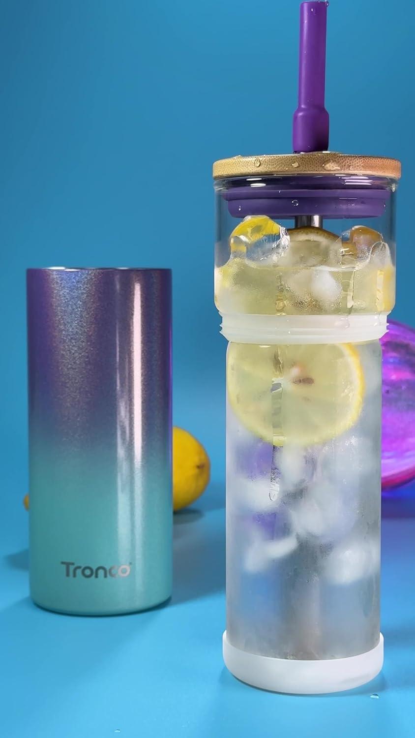 imageTronco 20 oz Vacuum Insulated Glass Tumbler with Lid and Straw  Keeps Drinks Cold for 12 Hrs  Reusable Glass Cup for Iced Coffee Smoothies ampamp Boba  Sweat ampamp BPA Free Dishwasher Safe Fit Car HolderPurple Green