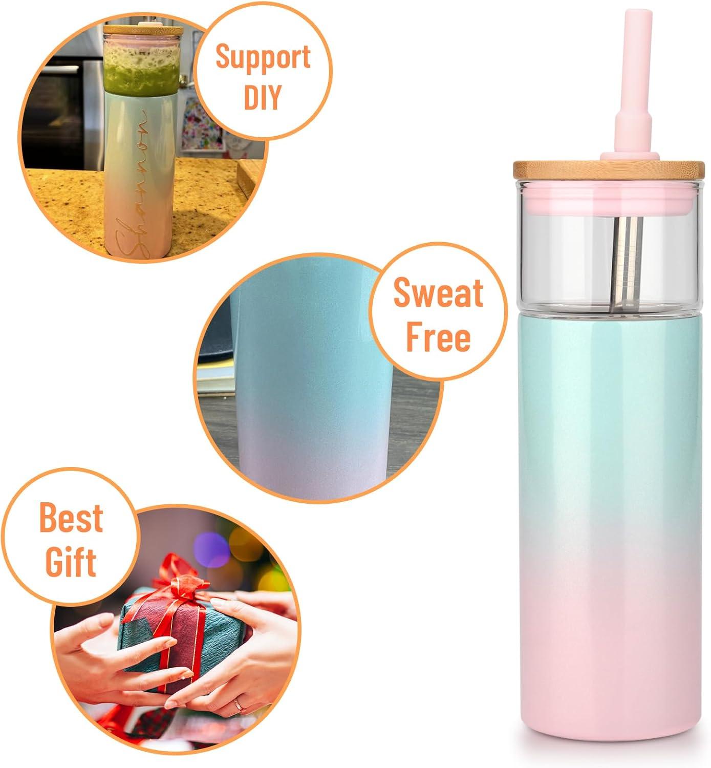 imageTronco 20 oz Vacuum Insulated Glass Tumbler with Lid and Straw  Keeps Drinks Cold for 12 Hrs  Reusable Glass Cup for Iced Coffee Smoothies ampamp Boba  Sweat ampamp BPA Free Dishwasher Safe Fit Car HolderPurple Green