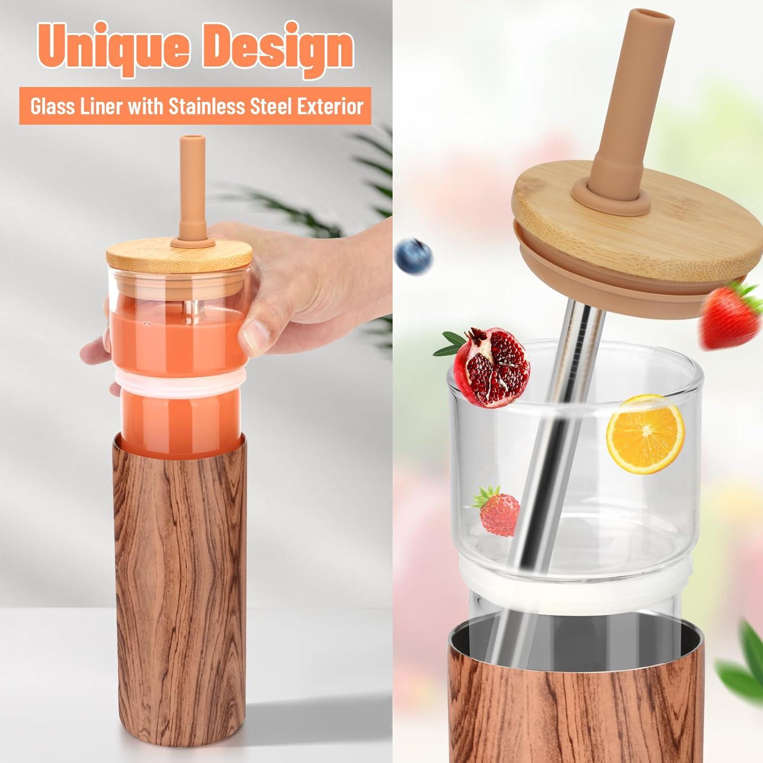 imageTronco 20 oz Vacuum Insulated Glass Tumbler with Lid and Straw  Keeps Drinks Cold for 12 Hrs  Reusable Glass Cup for Iced Coffee Smoothies ampamp Boba  Sweat ampamp BPA Free Dishwasher Safe Fit Car HolderAmber