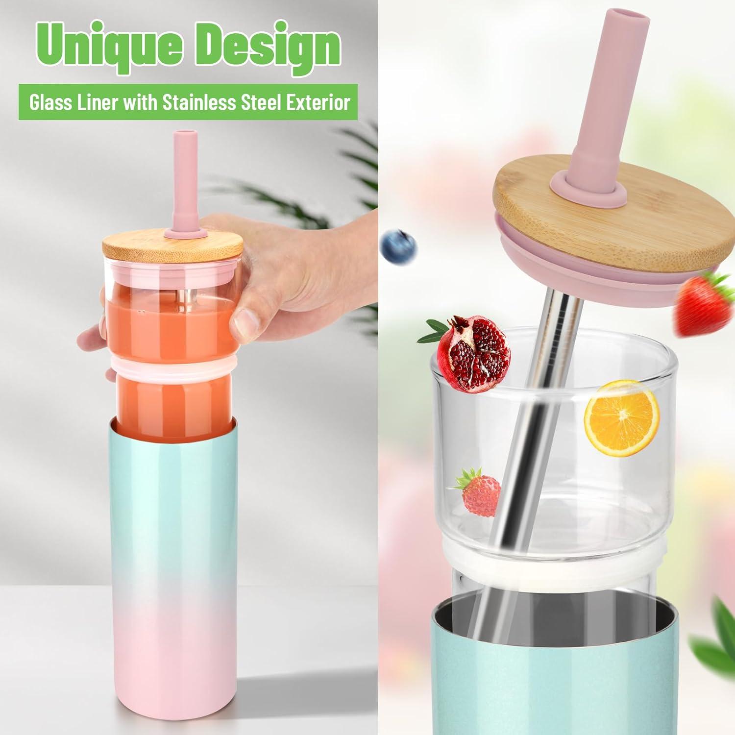 imageTronco 20 oz Vacuum Insulated Glass Tumbler with Lid and Straw  Keeps Drinks Cold for 12 Hrs  Reusable Glass Cup for Iced Coffee Smoothies ampamp Boba  Sweat ampamp BPA Free Dishwasher Safe Fit Car HolderSweet Taffy