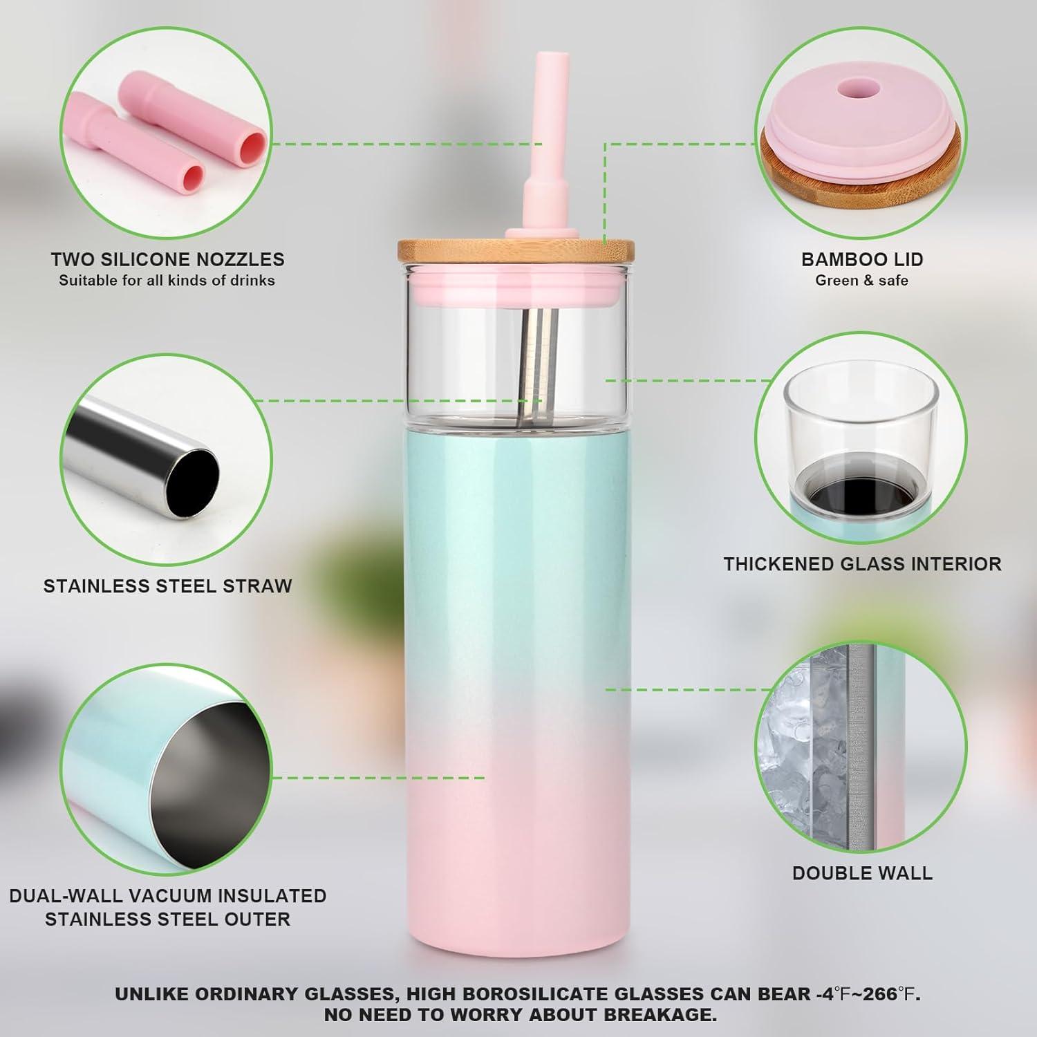 imageTronco 20 oz Vacuum Insulated Glass Tumbler with Lid and Straw  Keeps Drinks Cold for 12 Hrs  Reusable Glass Cup for Iced Coffee Smoothies ampamp Boba  Sweat ampamp BPA Free Dishwasher Safe Fit Car HolderSweet Taffy
