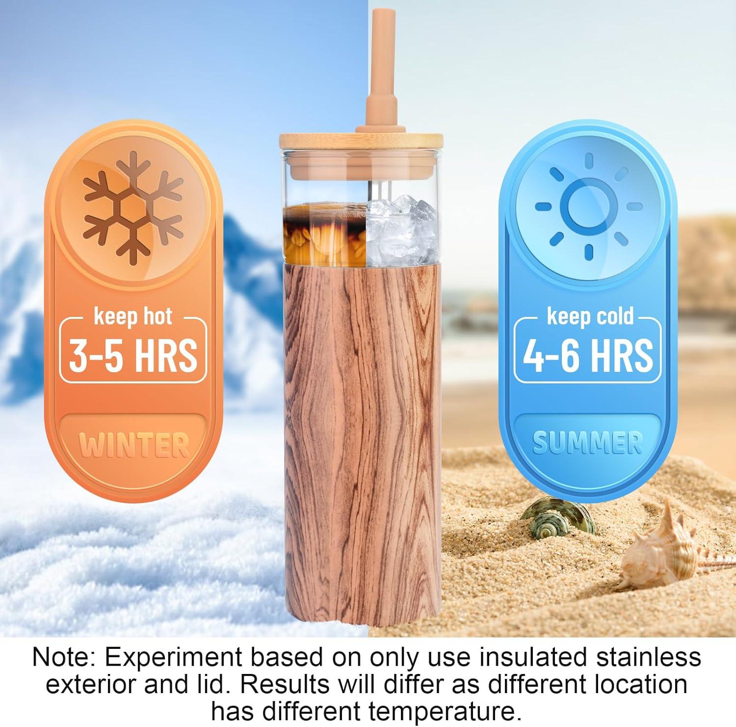 imageTronco 20 oz Vacuum Insulated Glass Tumbler with Lid and Straw  Keeps Drinks Cold for 12 Hrs  Reusable Glass Cup for Iced Coffee Smoothies ampamp Boba  Sweat ampamp BPA Free Dishwasher Safe Fit Car HolderAmber