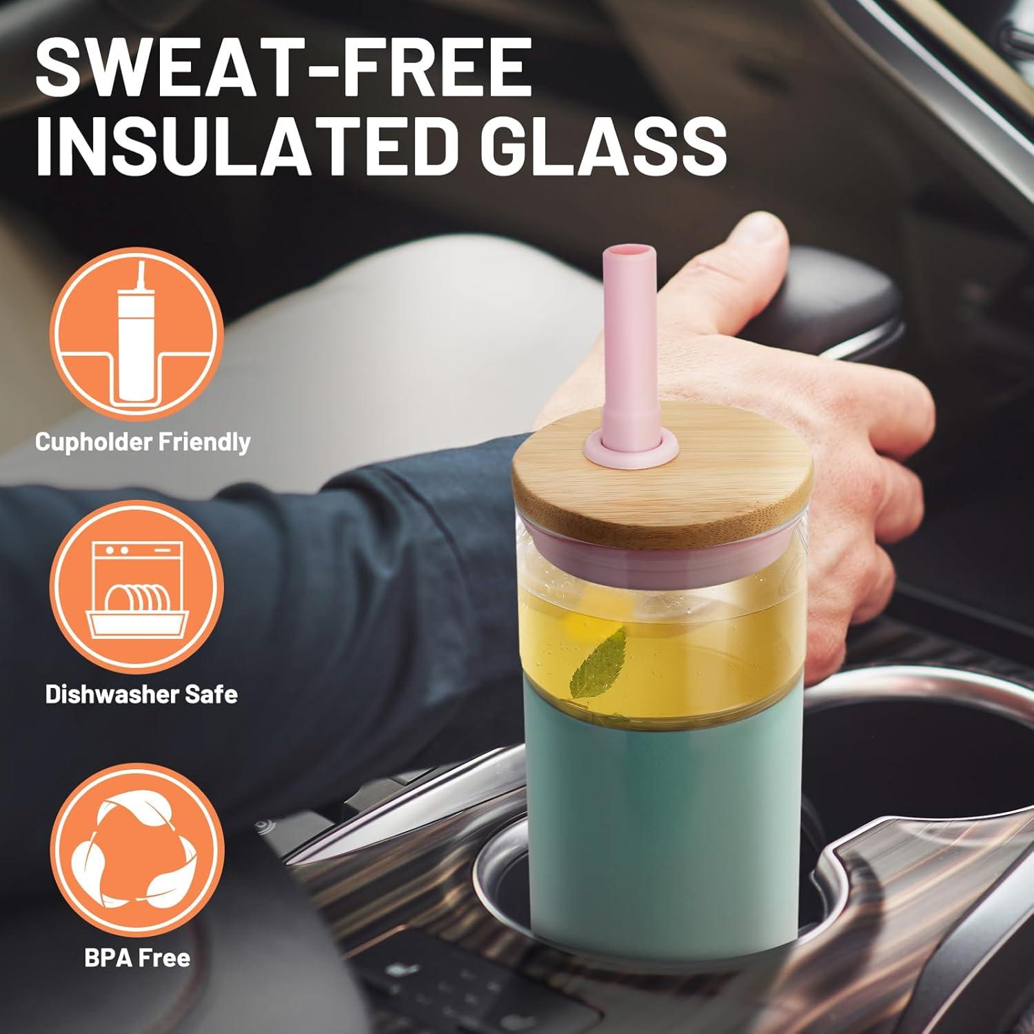 imageTronco 20 oz Vacuum Insulated Glass Tumbler with Lid and Straw  Keeps Drinks Cold for 12 Hrs  Reusable Glass Cup for Iced Coffee Smoothies ampamp Boba  Sweat ampamp BPA Free Dishwasher Safe Fit Car HolderPurple Green