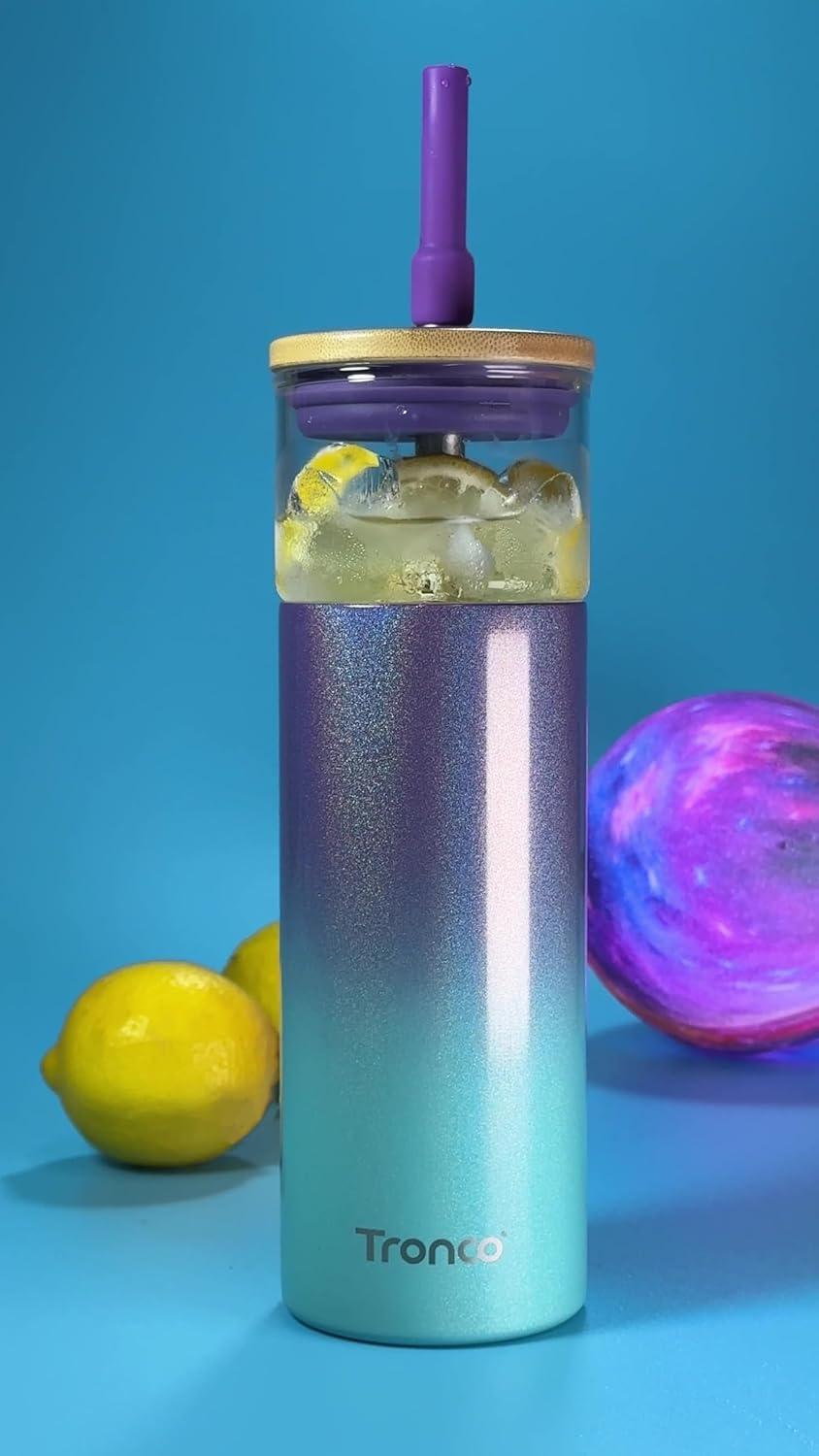 imageTronco 20 oz Vacuum Insulated Glass Tumbler with Lid and Straw  Keeps Drinks Cold for 12 Hrs  Reusable Glass Cup for Iced Coffee Smoothies ampamp Boba  Sweat ampamp BPA Free Dishwasher Safe Fit Car HolderPurple Green