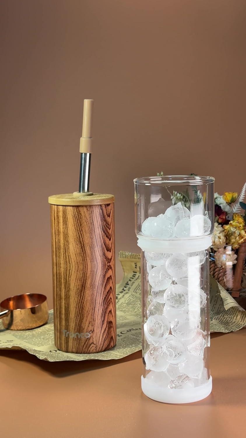 imageTronco 20 oz Vacuum Insulated Glass Tumbler with Lid and Straw  Keeps Drinks Cold for 12 Hrs  Reusable Glass Cup for Iced Coffee Smoothies ampamp Boba  Sweat ampamp BPA Free Dishwasher Safe Fit Car HolderWood Amber