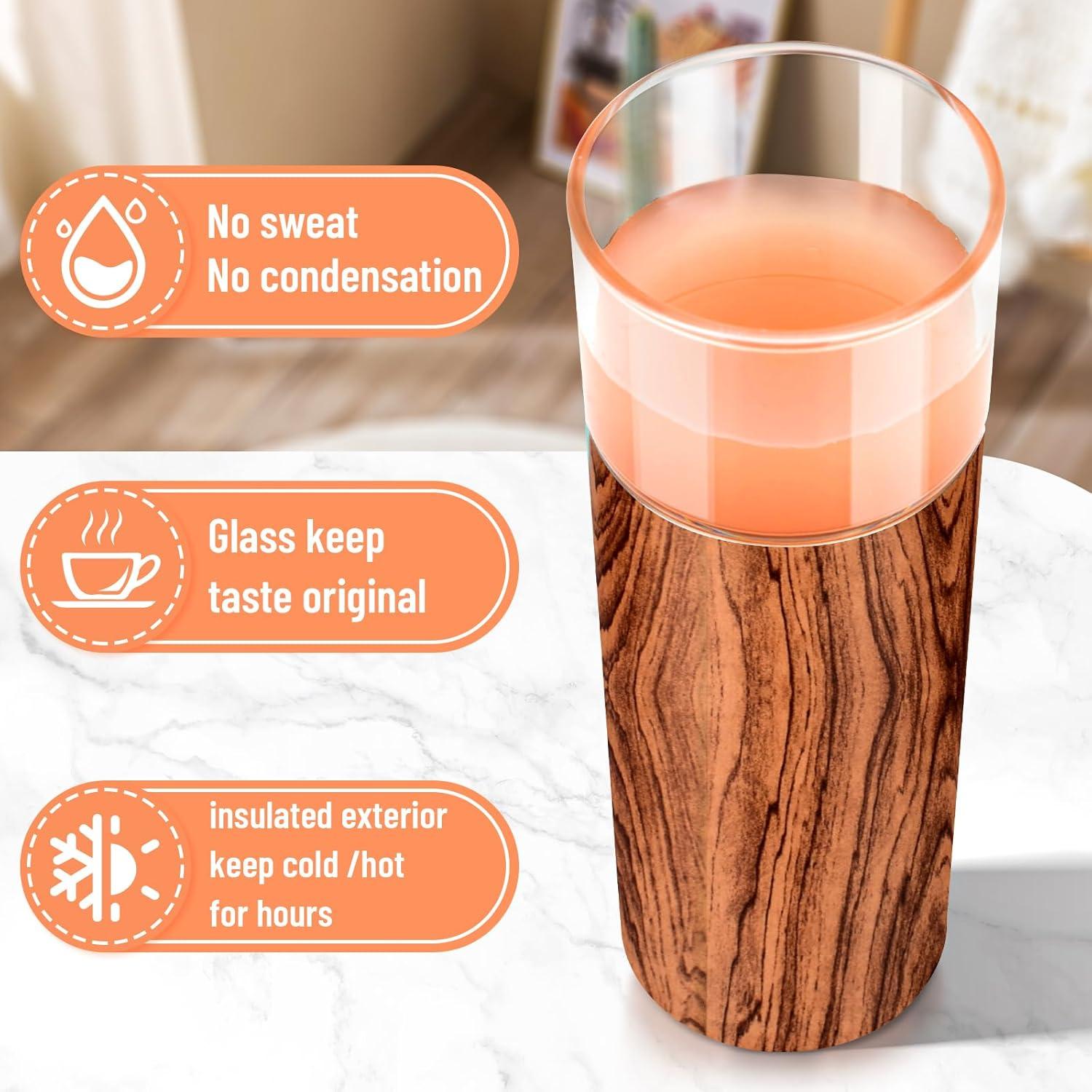 imageTronco 20 oz Vacuum Insulated Glass Tumbler with Lid and Straw  Keeps Drinks Cold for 12 Hrs  Reusable Glass Cup for Iced Coffee Smoothies ampamp Boba  Sweat ampamp BPA Free Dishwasher Safe Fit Car HolderAmber