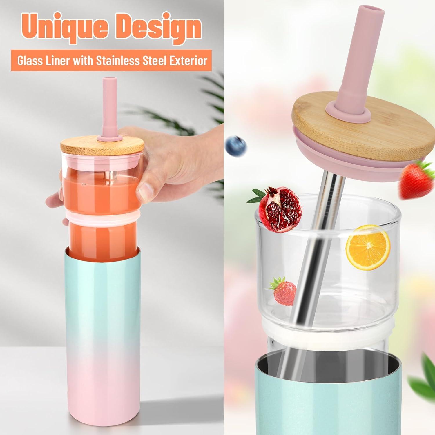 imageTronco 20 oz Vacuum Insulated Glass Tumbler with Lid and Straw  Keeps Drinks Cold for 12 Hrs  Reusable Glass Cup for Iced Coffee Smoothies ampamp Boba  Sweat ampamp BPA Free Dishwasher Safe Fit Car HolderWhite Black Dot