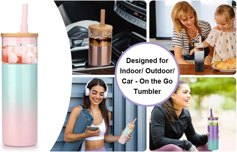 imageTronco 20 oz Vacuum Insulated Glass Tumbler with Lid and Straw  Keeps Drinks Cold for 12 Hrs  Reusable Glass Cup for Iced Coffee Smoothies ampamp Boba  Sweat ampamp BPA Free Dishwasher Safe Fit Car HolderAmber