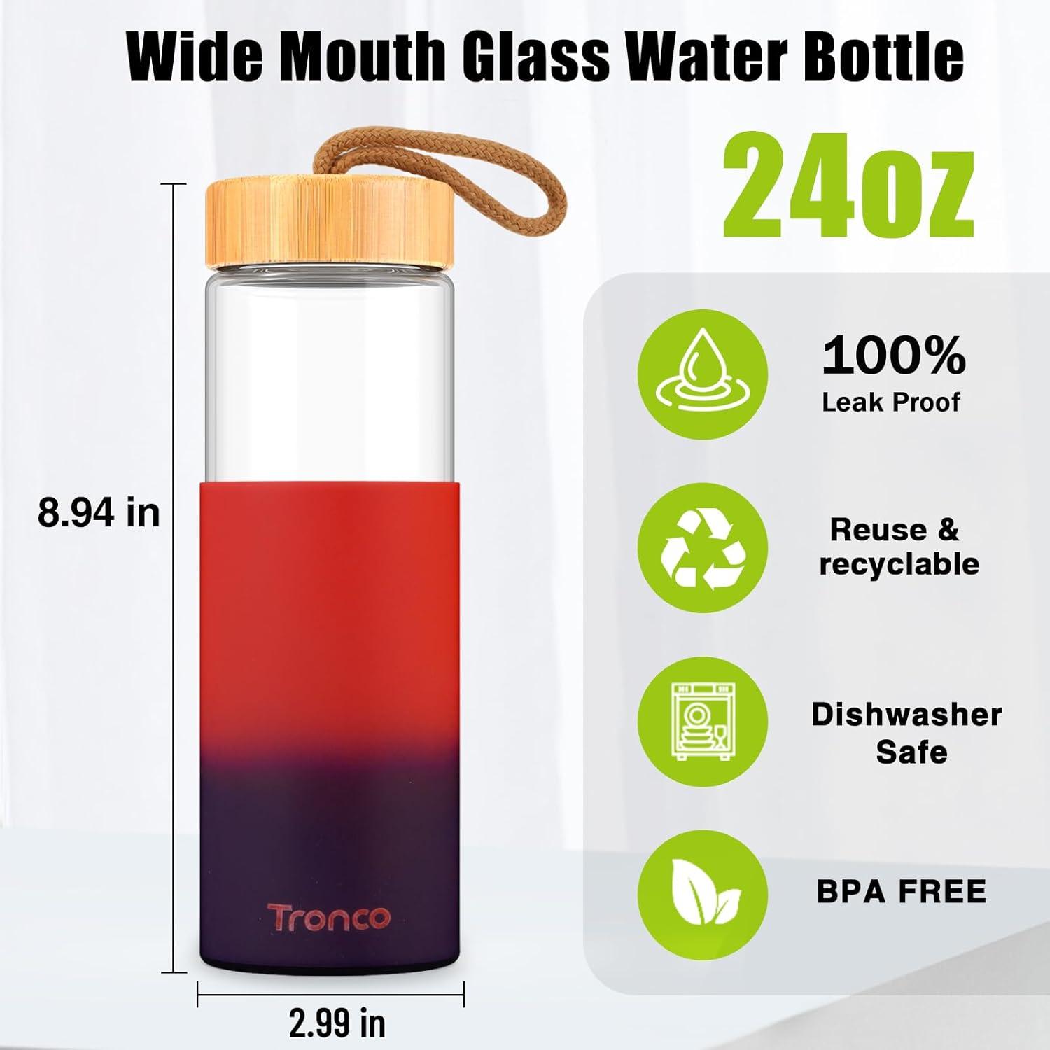 imageTronco 20oz Glass Water Bottles with Bamboo Lid ampamp Silicone Sleeve Leak Proof BPA Free Reusable Borosilicate Glass Bottles for Juicing Smoothies Juice ampamp Water for Men ampamp Women Gym Office TravelRedblue