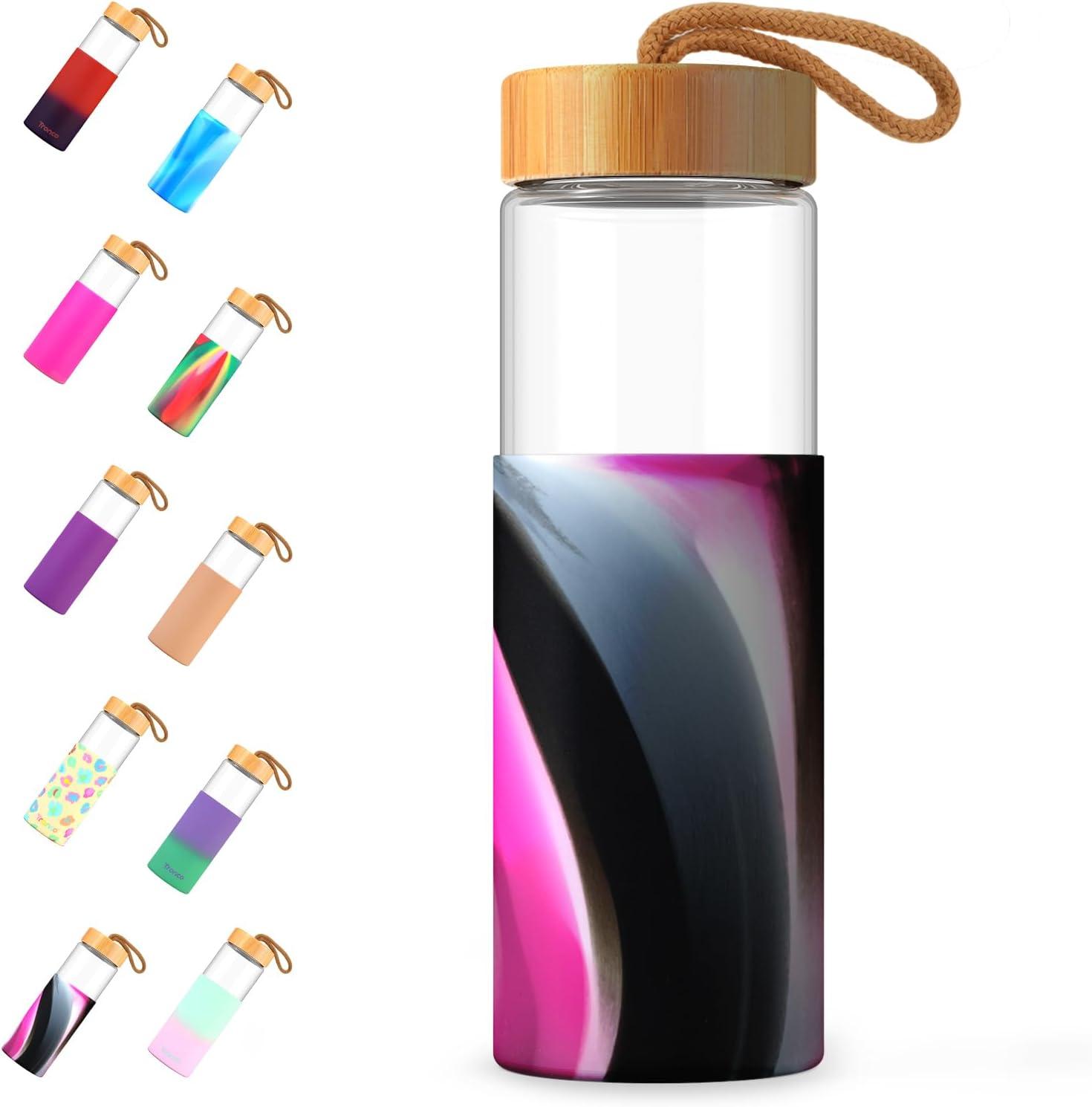 imageTronco 20oz Glass Water Bottles with Bamboo Lid ampamp Silicone Sleeve Leak Proof BPA Free Reusable Borosilicate Glass Bottles for Juicing Smoothies Juice ampamp Water for Men ampamp Women Gym Office TravelBlackred