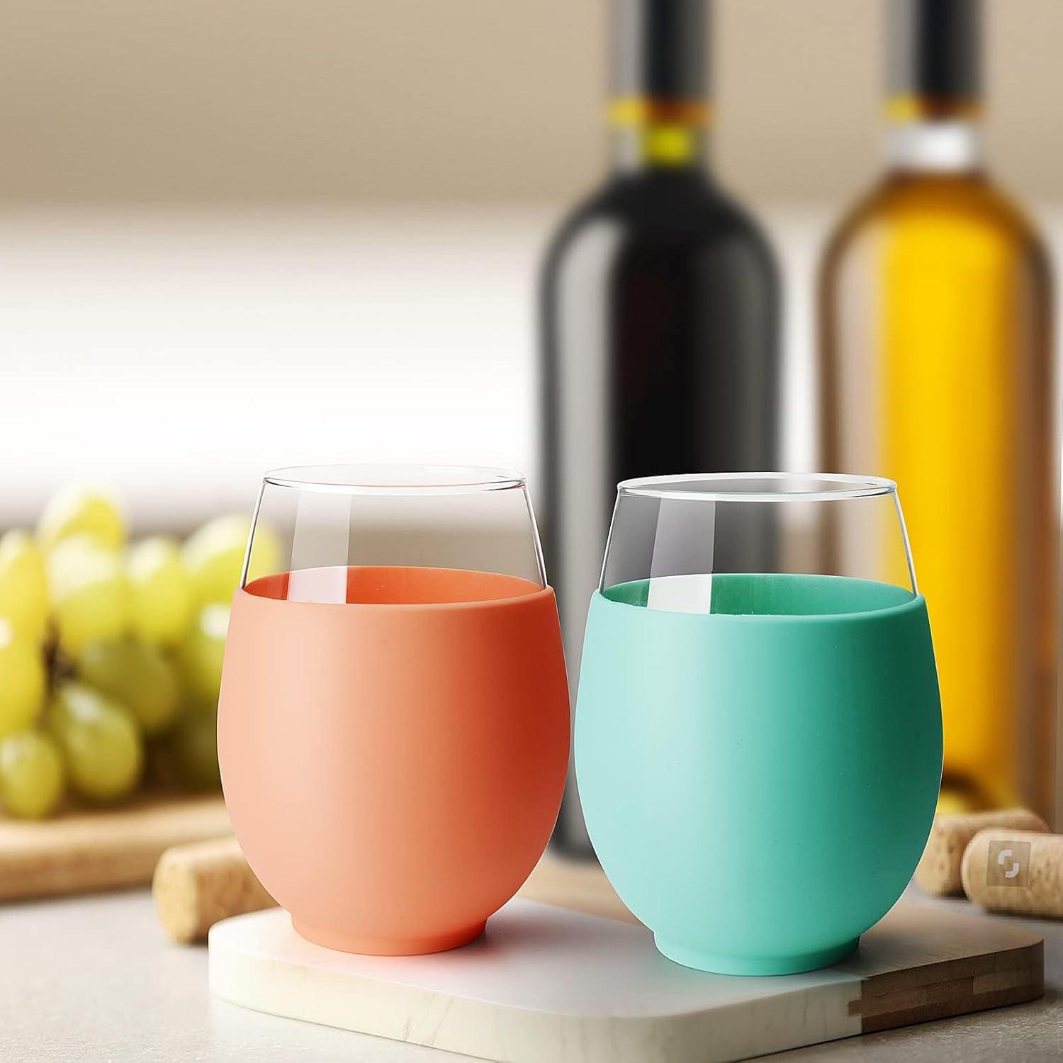 imageTronco 20oz Stemless Wine Glasses Set of 4 Reusable Wine Glasses with Silicone Sleeve Dishwasher Safe ampamp BPAFree for Red ampamp White Wine Cocktails Home Bar Parties Birthdays GiftsBlackLight GrayOrangeLight Green