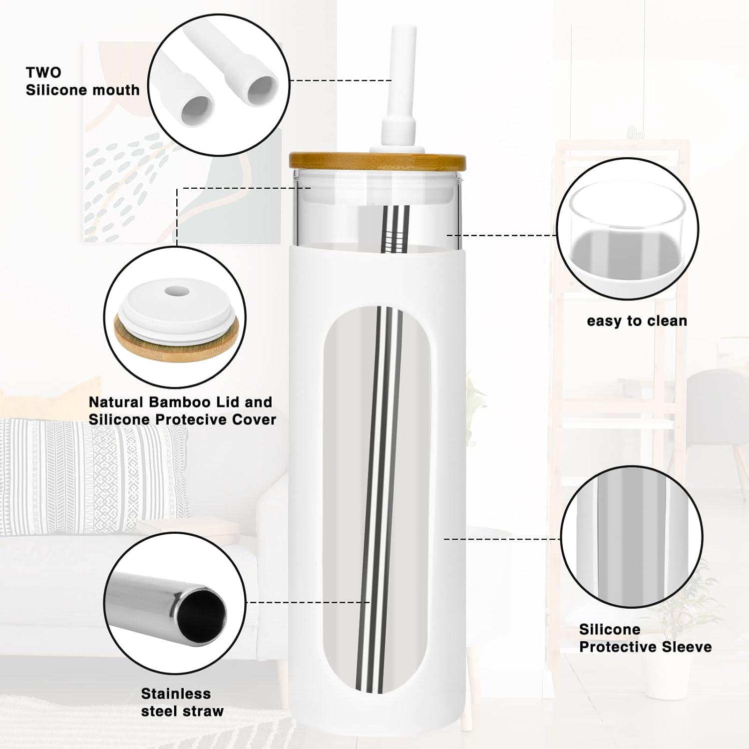 imageTronco 22oz Glass Tumbler with Bamboo Lid and Straw Reusable Iced Coffee Cup for Boba Tea Smoothies ampamp Cold Drinks SpillProof Glass Cup with Silicone Sleeve Dishwasher Safe BPAFree Pack of 1White