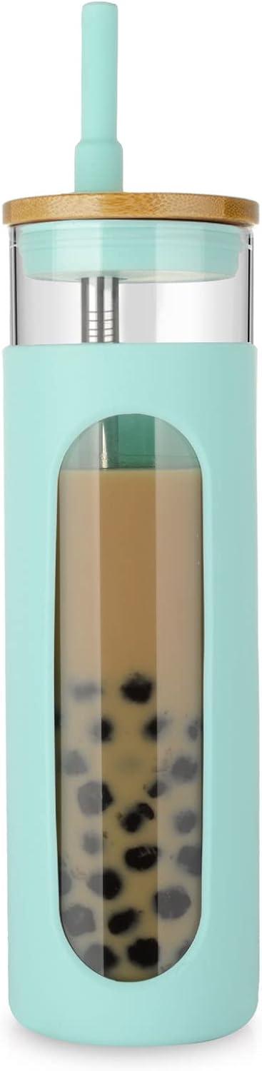 imageTronco 22oz Glass Tumbler with Bamboo Lid and Straw Reusable Iced Coffee Cup for Boba Tea Smoothies ampamp Cold Drinks SpillProof Glass Cup with Silicone Sleeve Dishwasher Safe BPAFree Pack of 1PureBlue