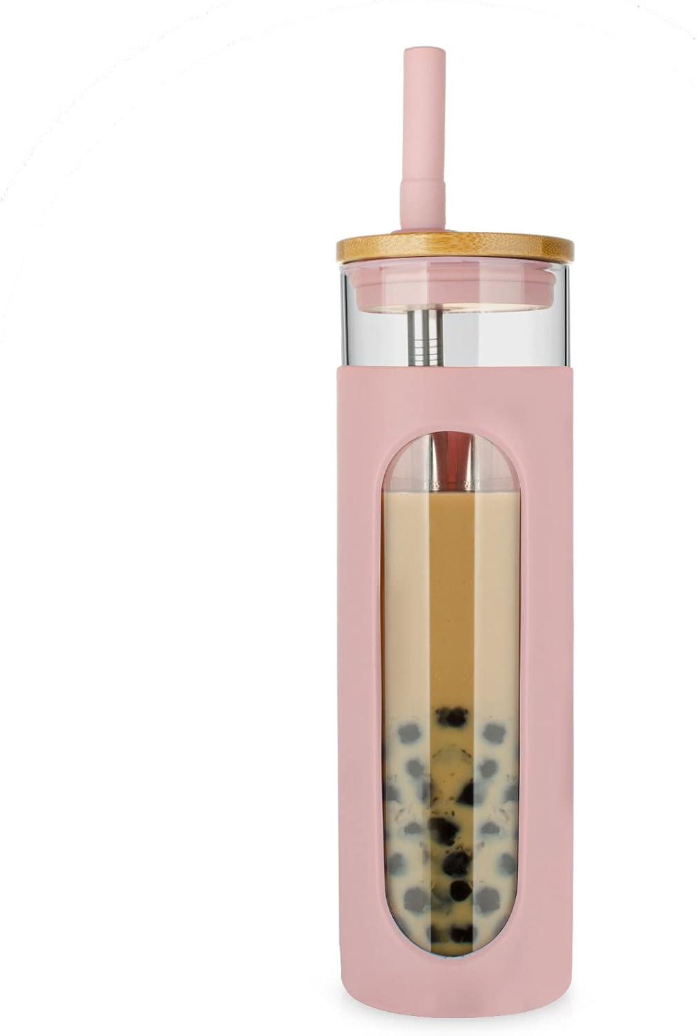 imageTronco 22oz Glass Tumbler with Bamboo Lid and Straw Reusable Iced Coffee Cup for Boba Tea Smoothies ampamp Cold Drinks SpillProof Glass Cup with Silicone Sleeve Dishwasher Safe BPAFree Pack of 1Pink
