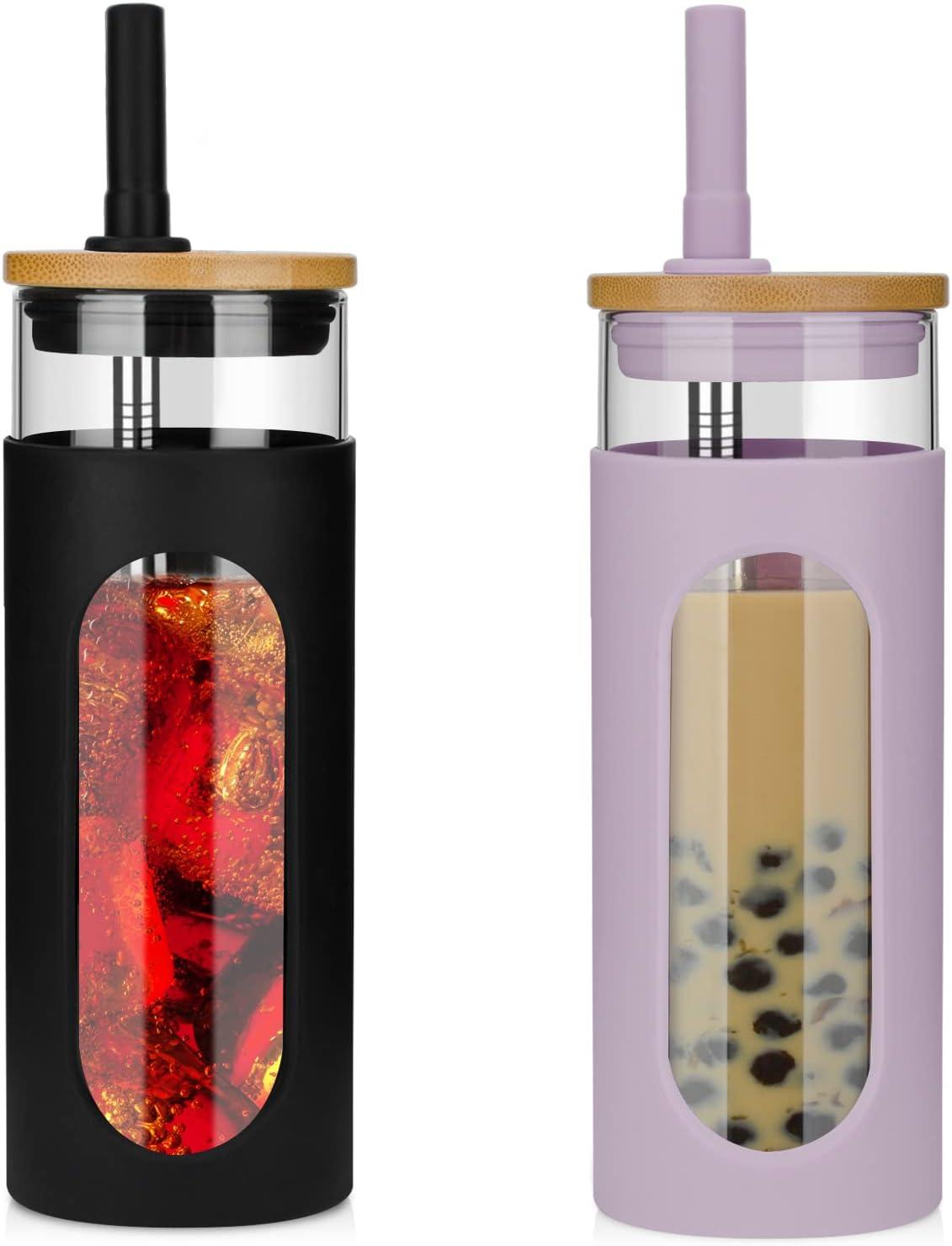 imageTronco 22oz Glass Tumbler with Bamboo Lid and Straw Reusable Iced Coffee Cup for Boba Tea Smoothies ampamp Cold Drinks SpillProof Glass Cup with Silicone Sleeve Dishwasher Safe BPAFree Pack of 1BlackPurple