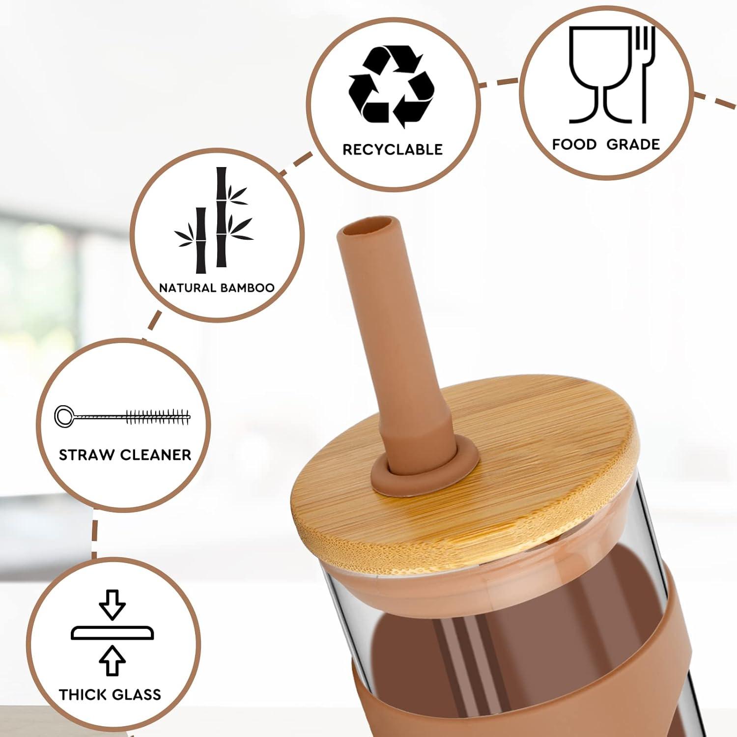 imageTronco 22oz Glass Tumbler with Bamboo Lid and Straw Reusable Iced Coffee Cup for Boba Tea Smoothies ampamp Cold Drinks SpillProof Glass Cup with Silicone Sleeve Dishwasher Safe BPAFree Pack of 1BlackishGreen