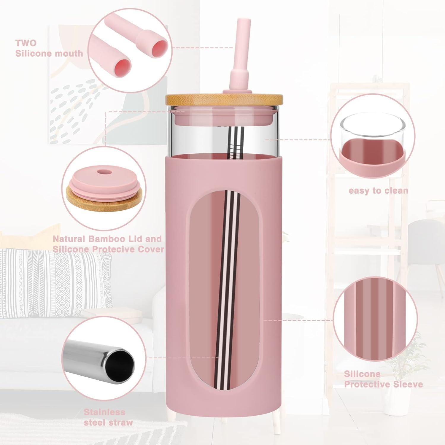imageTronco 22oz Glass Tumbler with Bamboo Lid and Straw Reusable Iced Coffee Cup for Boba Tea Smoothies ampamp Cold Drinks SpillProof Glass Cup with Silicone Sleeve Dishwasher Safe BPAFree Pack of 1Pink