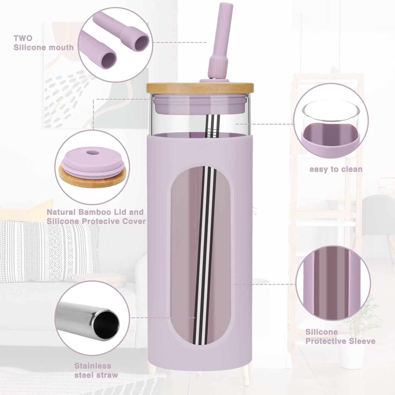 imageTronco 22oz Glass Tumbler with Bamboo Lid and Straw Reusable Iced Coffee Cup for Boba Tea Smoothies ampamp Cold Drinks SpillProof Glass Cup with Silicone Sleeve Dishwasher Safe BPAFree Pack of 1Purple
