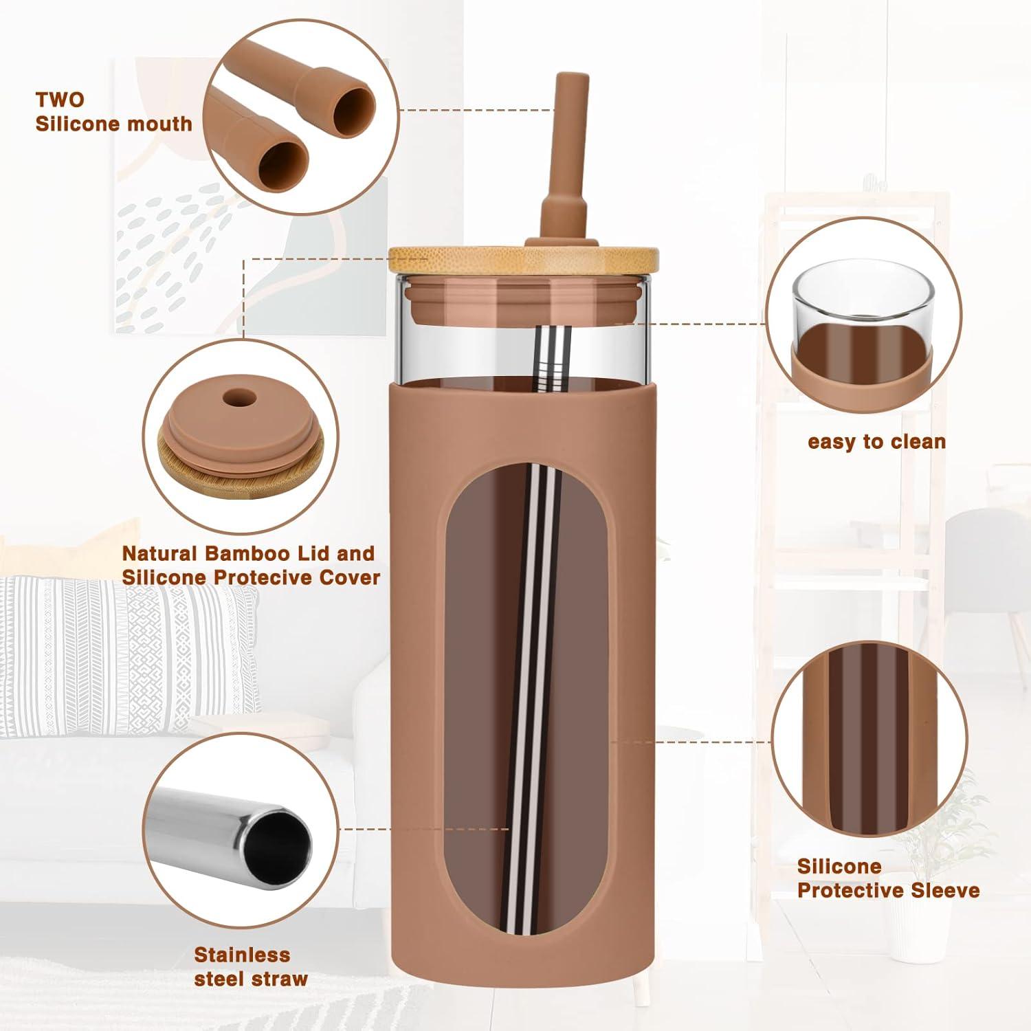 imageTronco 22oz Glass Tumbler with Bamboo Lid and Straw Reusable Iced Coffee Cup for Boba Tea Smoothies ampamp Cold Drinks SpillProof Glass Cup with Silicone Sleeve Dishwasher Safe BPAFree Pack of 1Coffee