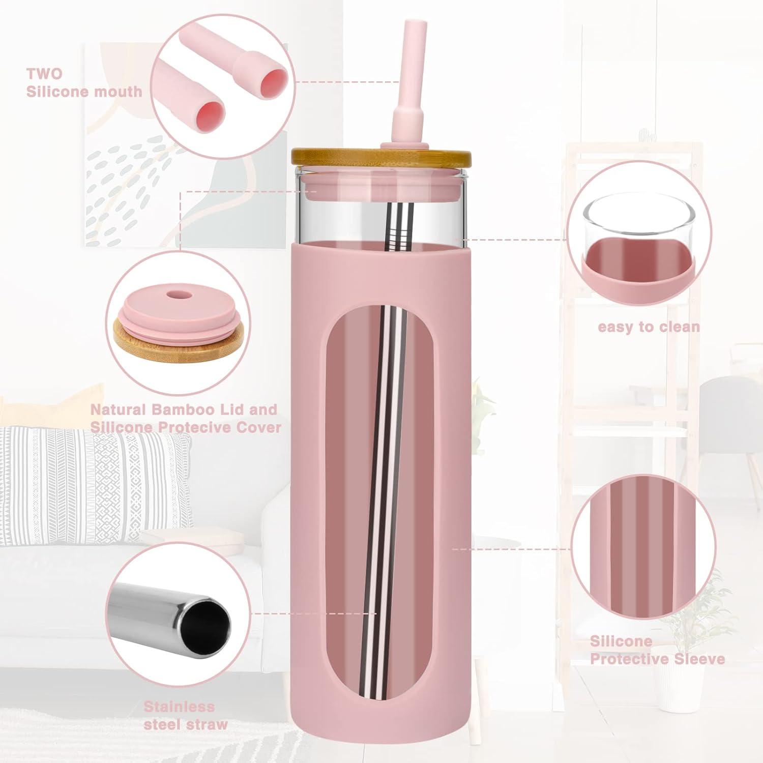 imageTronco 22oz Glass Tumbler with Bamboo Lid and Straw Reusable Iced Coffee Cup for Boba Tea Smoothies ampamp Cold Drinks SpillProof Glass Cup with Silicone Sleeve Dishwasher Safe BPAFree Pack of 1Pink