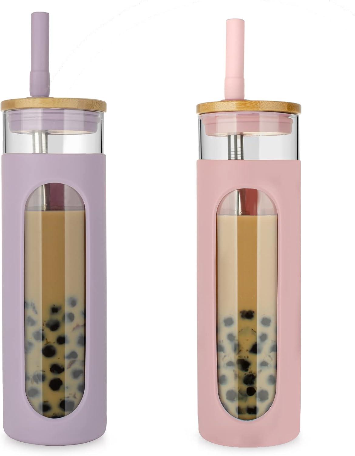 imageTronco 22oz Glass Tumbler with Bamboo Lid and Straw Reusable Iced Coffee Cup for Boba Tea Smoothies ampamp Cold Drinks SpillProof Glass Cup with Silicone Sleeve Dishwasher Safe BPAFree Pack of 1PinkPurple