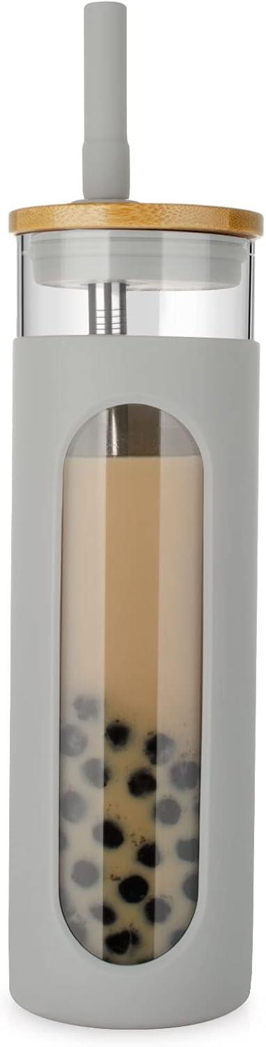 imageTronco 22oz Glass Tumbler with Bamboo Lid and Straw Reusable Iced Coffee Cup for Boba Tea Smoothies ampamp Cold Drinks SpillProof Glass Cup with Silicone Sleeve Dishwasher Safe BPAFree Pack of 1Gray